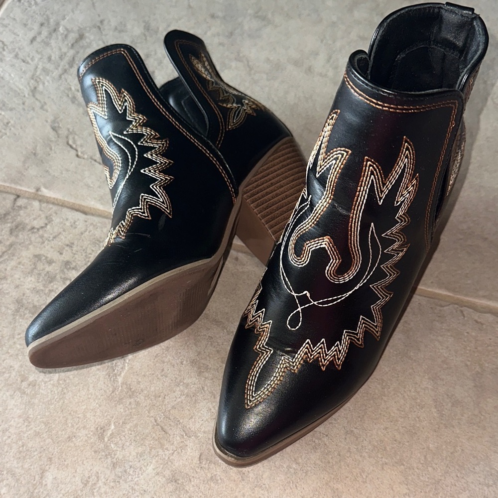 Black Embroidered Western Ankle Boot - Women